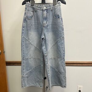 Light Blue wide Leg Women's Jeans with Panel Stitching